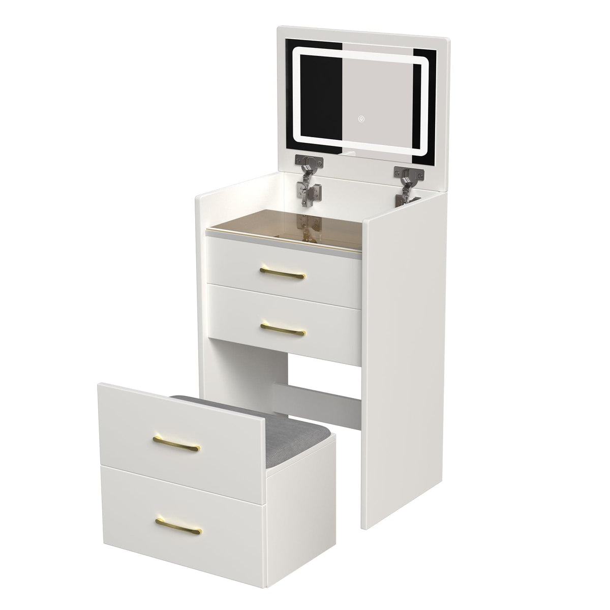 THE FURNITURE CO. Vanity Default 3 In 1 Vanity Desk With Open Top Mirror And Glass Surface Compact Makeup Vanity With 3 Drawers In White