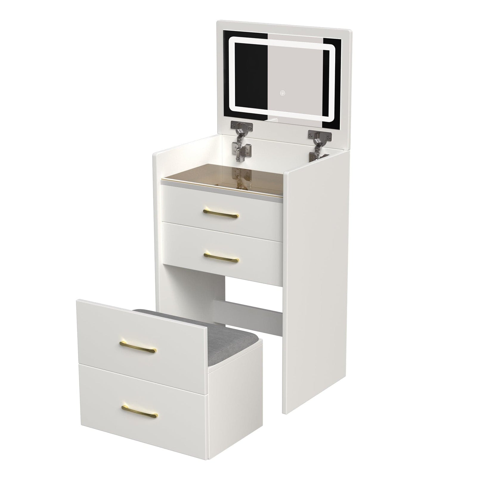 THE FURNITURE CO. Vanity Default 3 In 1 Vanity Desk With Open Top Mirror And Glass Surface Compact Makeup Vanity With 3 Drawers In White