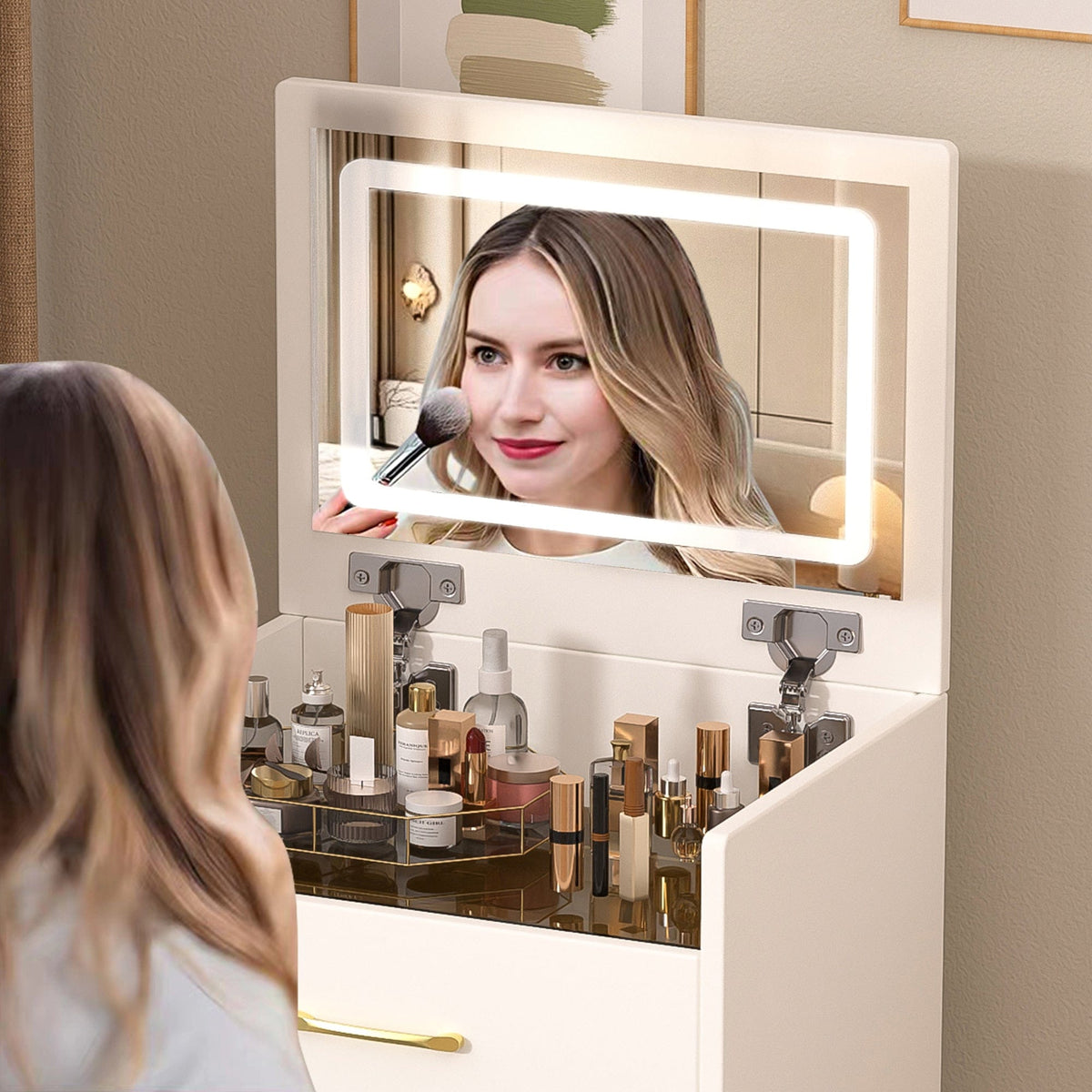 THE FURNITURE CO. Vanity Default 3 In 1 Vanity Desk With Open Top Mirror And Glass Surface Compact Makeup Vanity With 3 Drawers In White