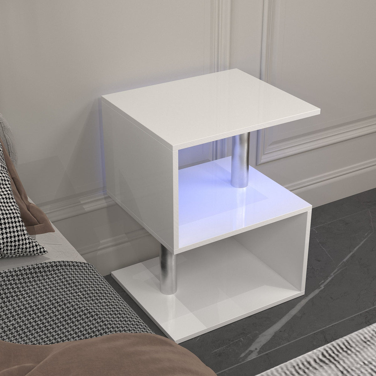 THE FURNITURE CO. Vanity Default 3 Tier S-Shaped End Table With USB Power Supply And Open Storage In White