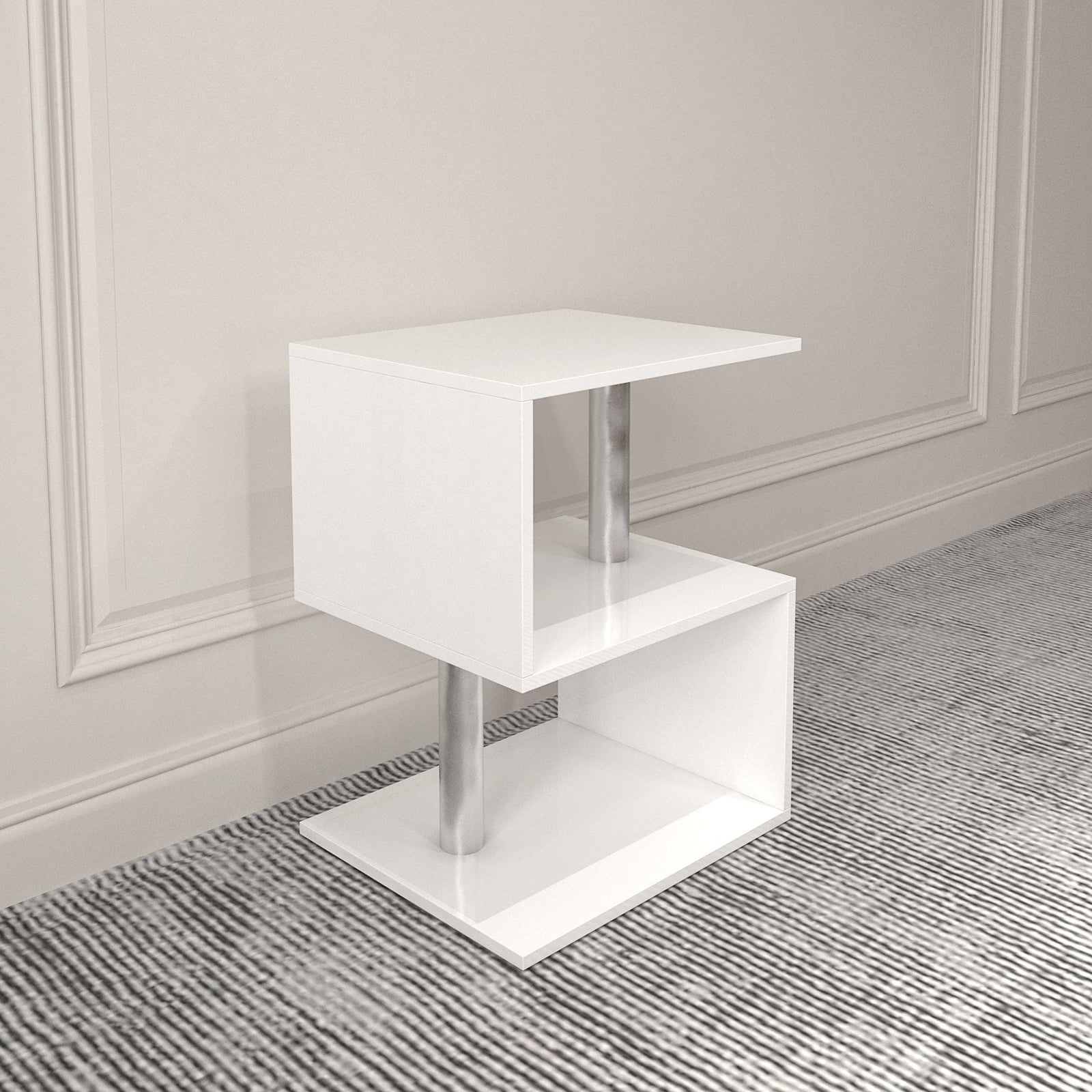 THE FURNITURE CO. Vanity Default 3 Tier S-Shaped End Table With USB Power Supply And Open Storage In White