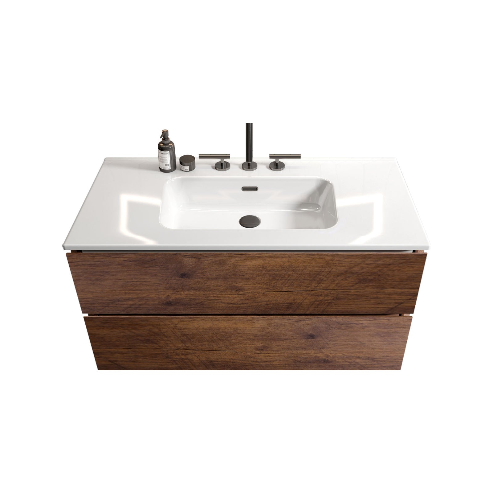 THE FURNITURE CO. Vanity Default 36 Inch Wall Mount Walnut Bathroom Vanity With Ceramic Sink And Three Faucet Holes Large Storage Pre-assembled In White And Walnut
