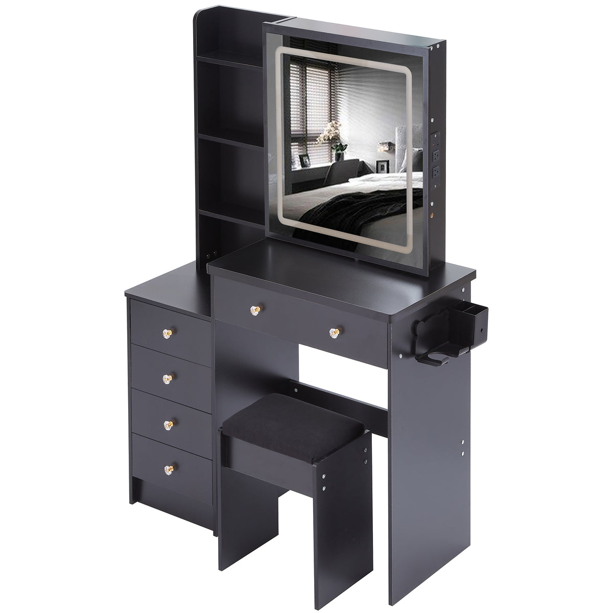 THE FURNITURE CO. Vanity Default 37 Inch Left Bedside Cabinet Vanity Table Set With Cushioned Stool 2 AC Outlets 2 USB Ports Touch Control LED Mirror In Black