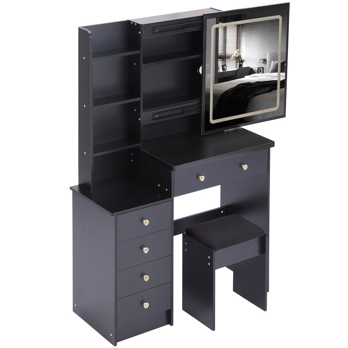 THE FURNITURE CO. Vanity Default 37 Inch Left Bedside Cabinet Vanity Table Set With Cushioned Stool 2 AC Outlets 2 USB Ports Touch Control LED Mirror In Black
