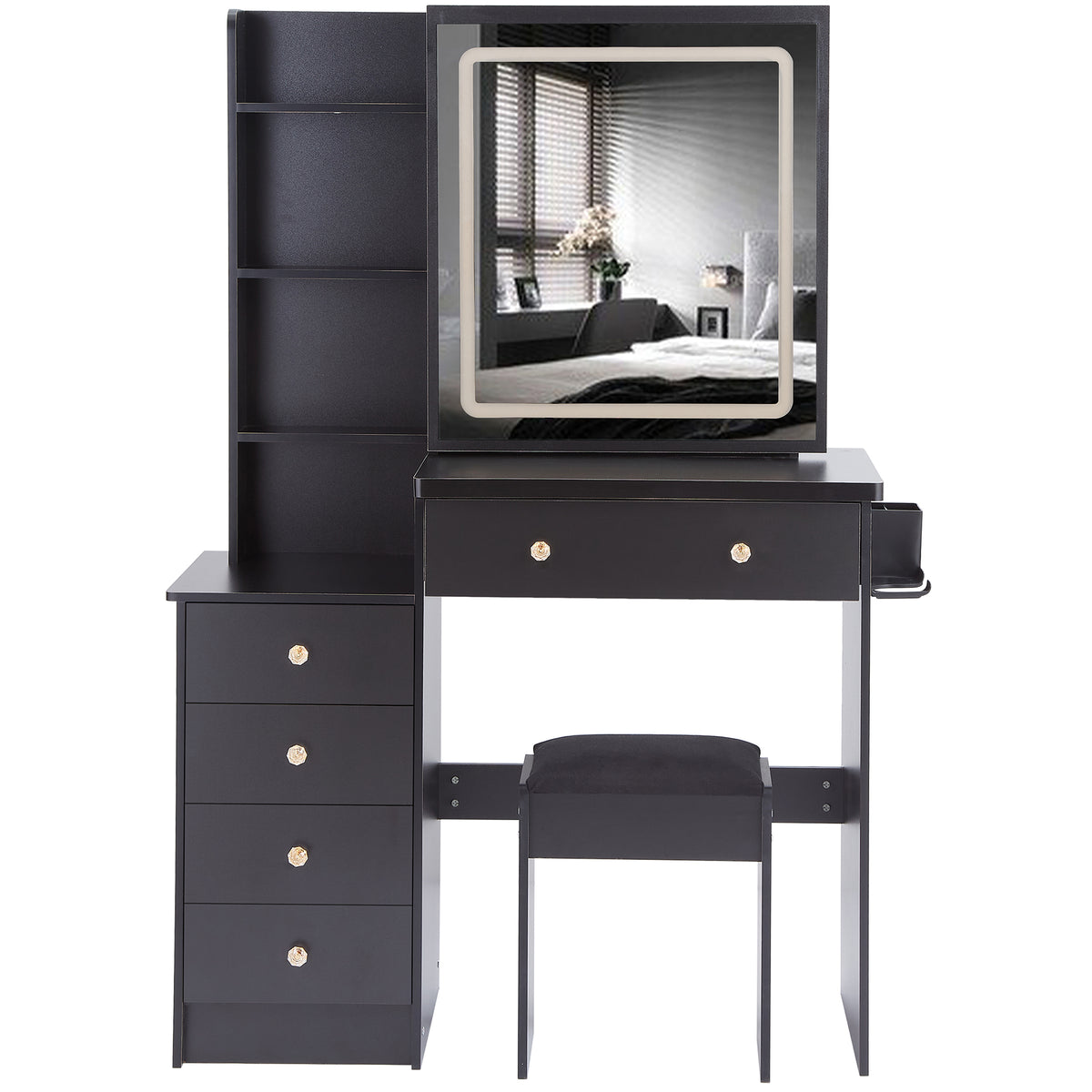 THE FURNITURE CO. Vanity Default 37 Inch Left Bedside Cabinet Vanity Table Set With Cushioned Stool 2 AC Outlets 2 USB Ports Touch Control LED Mirror In Black