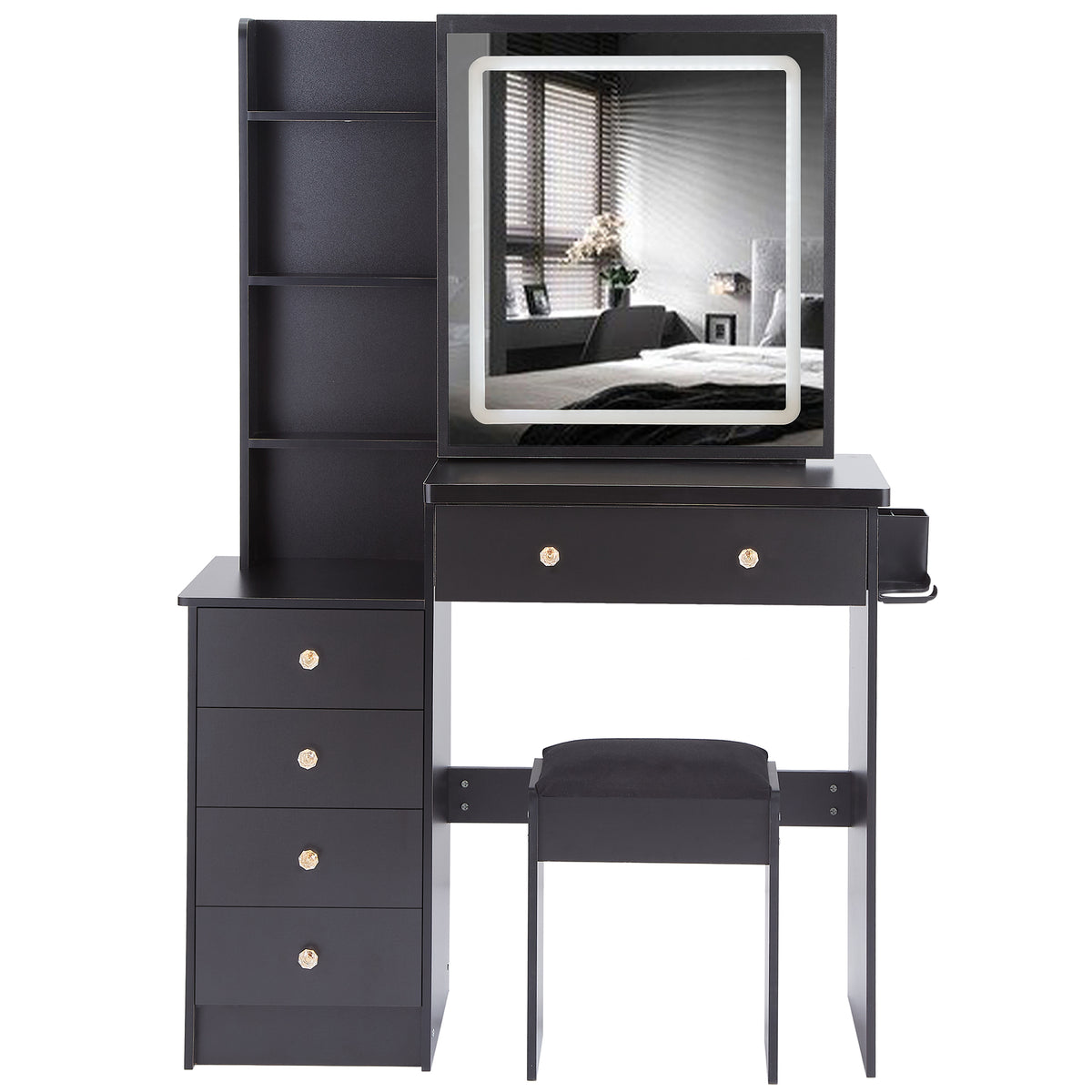 THE FURNITURE CO. Vanity Default 37 Inch Left Bedside Cabinet Vanity Table Set With Cushioned Stool 2 AC Outlets 2 USB Ports Touch Control LED Mirror In Black