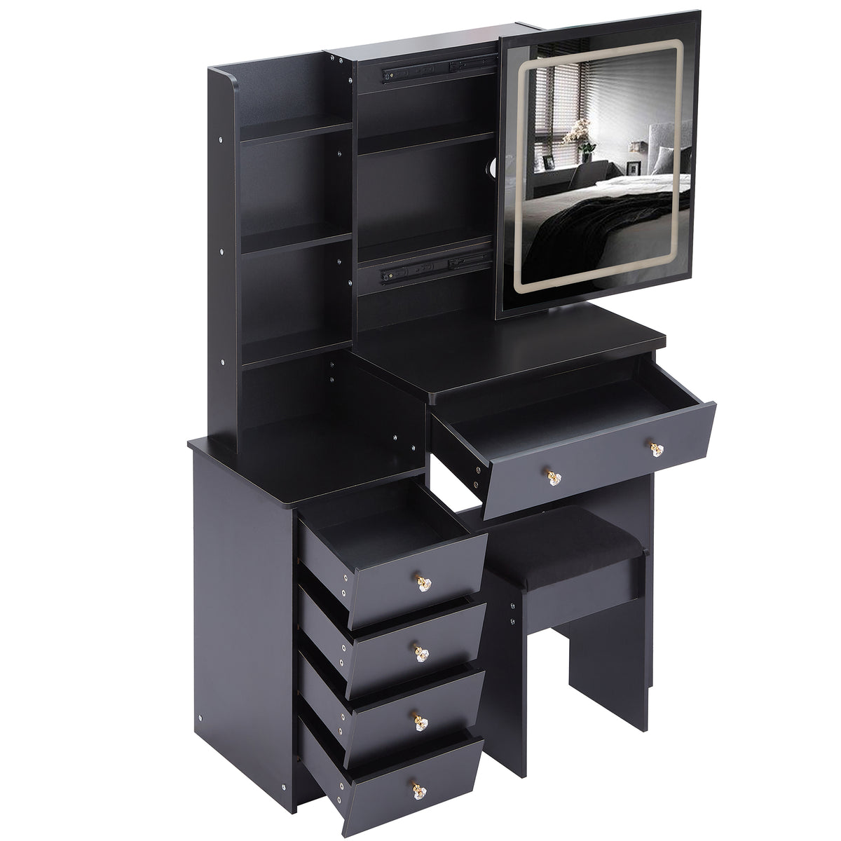 THE FURNITURE CO. Vanity Default 37 Inch Left Bedside Cabinet Vanity Table Set With Cushioned Stool 2 AC Outlets 2 USB Ports Touch Control LED Mirror In Black
