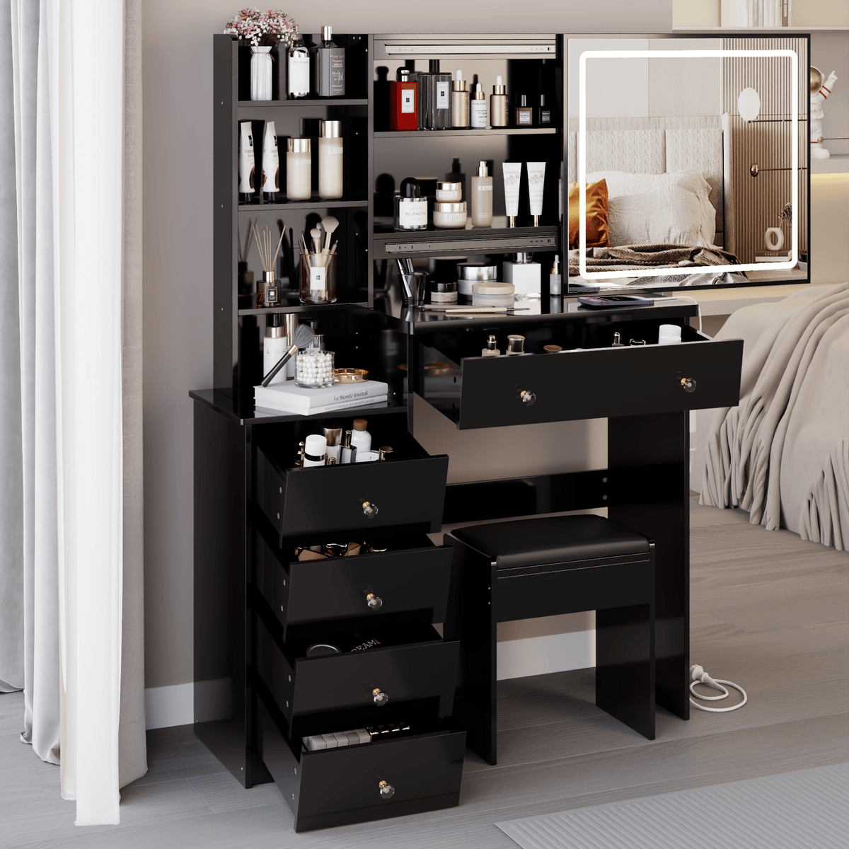 THE FURNITURE CO. Vanity Default 37 Inch Left Bedside Cabinet Vanity Table Set With Cushioned Stool 2 AC Outlets 2 USB Ports Touch Control LED Mirror In Black