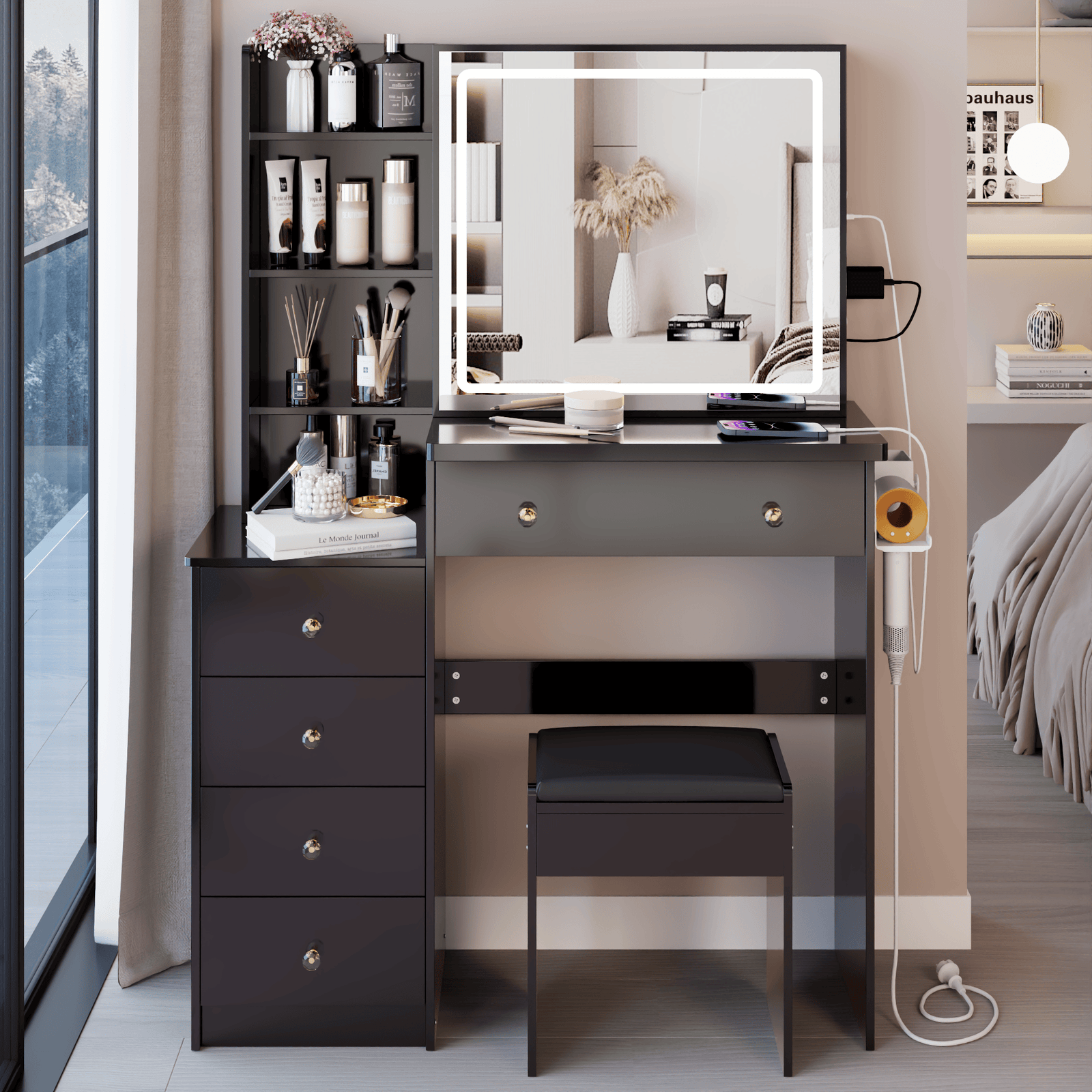 THE FURNITURE CO. Vanity Default 37 Inch Left Bedside Cabinet Vanity Table Set With Cushioned Stool 2 AC Outlets 2 USB Ports Touch Control LED Mirror In Black