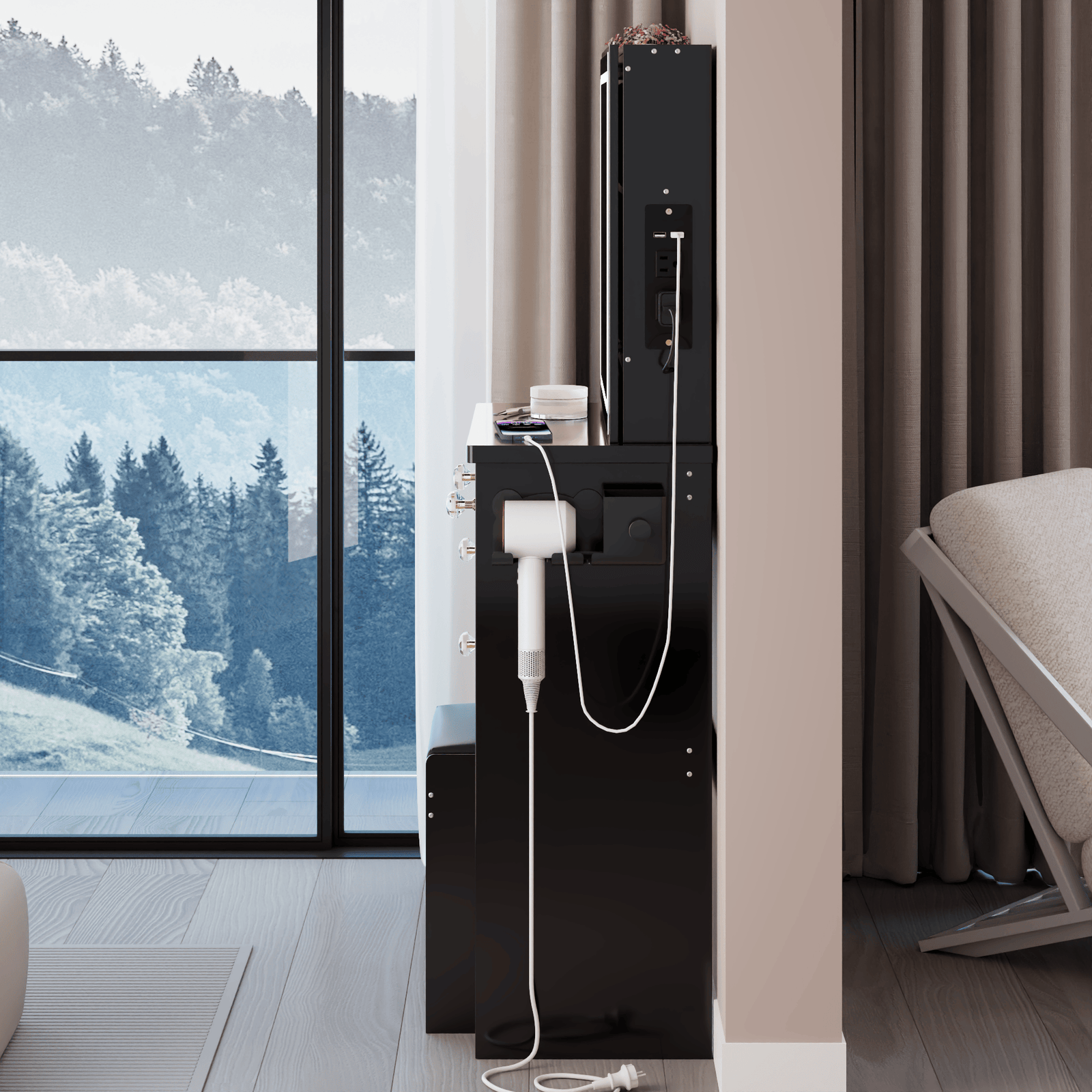 THE FURNITURE CO. Vanity Default 37 Inch Left Bedside Cabinet Vanity Table Set With Cushioned Stool 2 AC Outlets 2 USB Ports Touch Control LED Mirror In Black