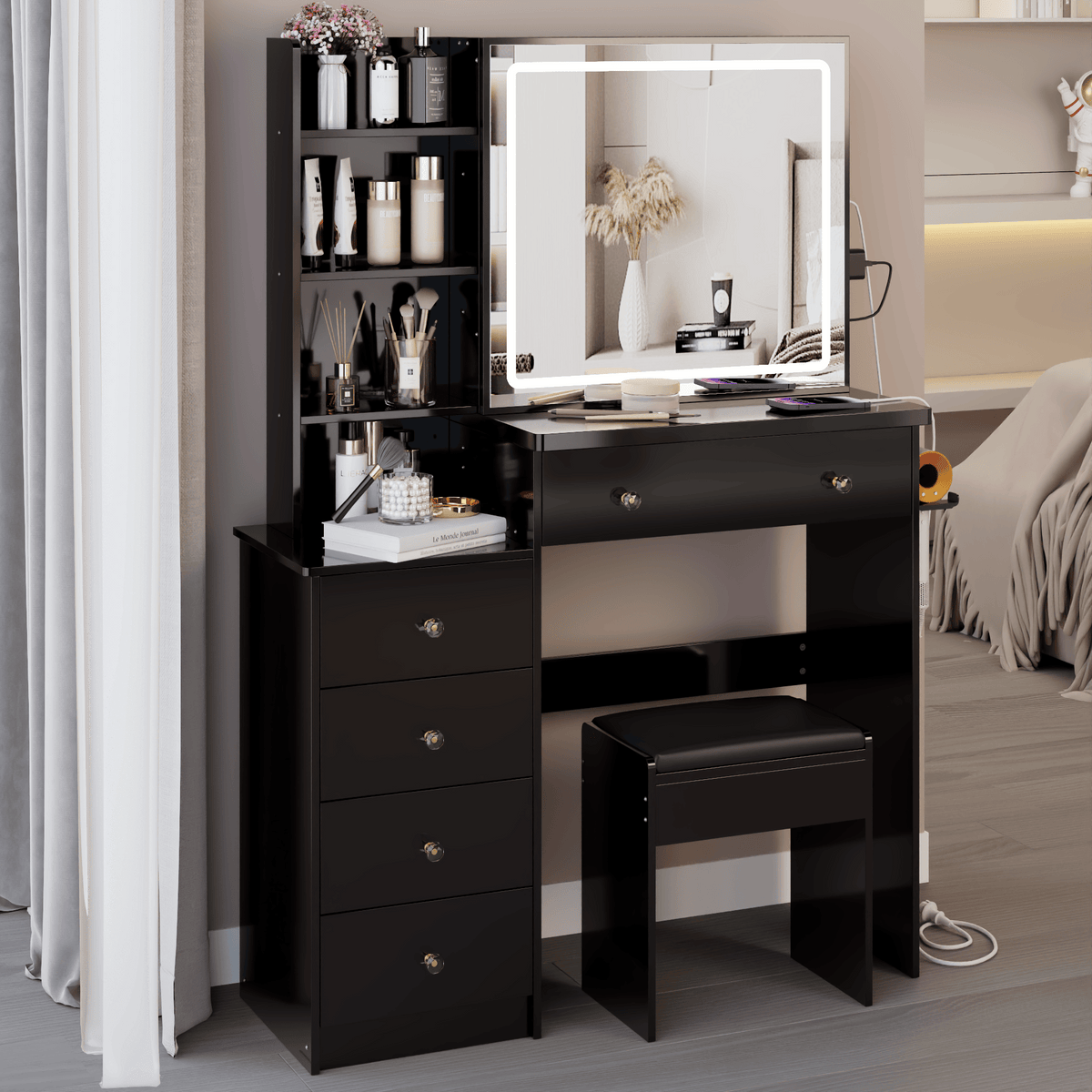 THE FURNITURE CO. Vanity Default 37 Inch Left Bedside Cabinet Vanity Table Set With Cushioned Stool 2 AC Outlets 2 USB Ports Touch Control LED Mirror In Black