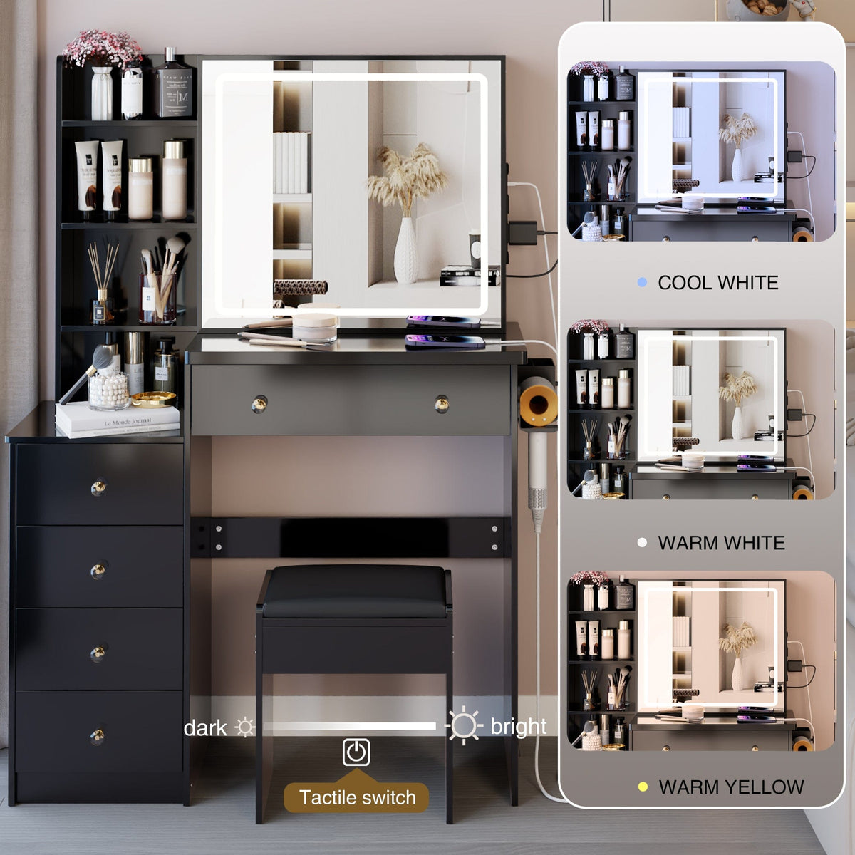 THE FURNITURE CO. Vanity Default 37 Inch Left Bedside Cabinet Vanity Table Set With Cushioned Stool 2 AC Outlets 2 USB Ports Touch Control LED Mirror In Black