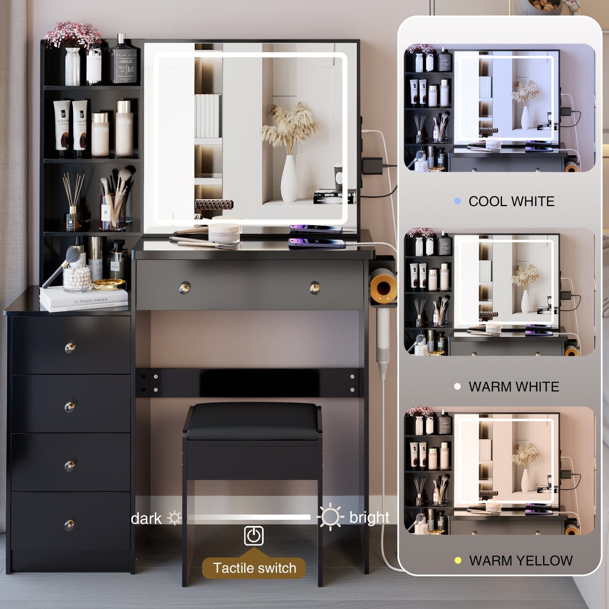 THE FURNITURE CO. Vanity Default 37 Inch Left Bedside Cabinet Vanity Table Set With Cushioned Stool 2 AC Outlets 2 USB Ports Touch Control LED Mirror In Black