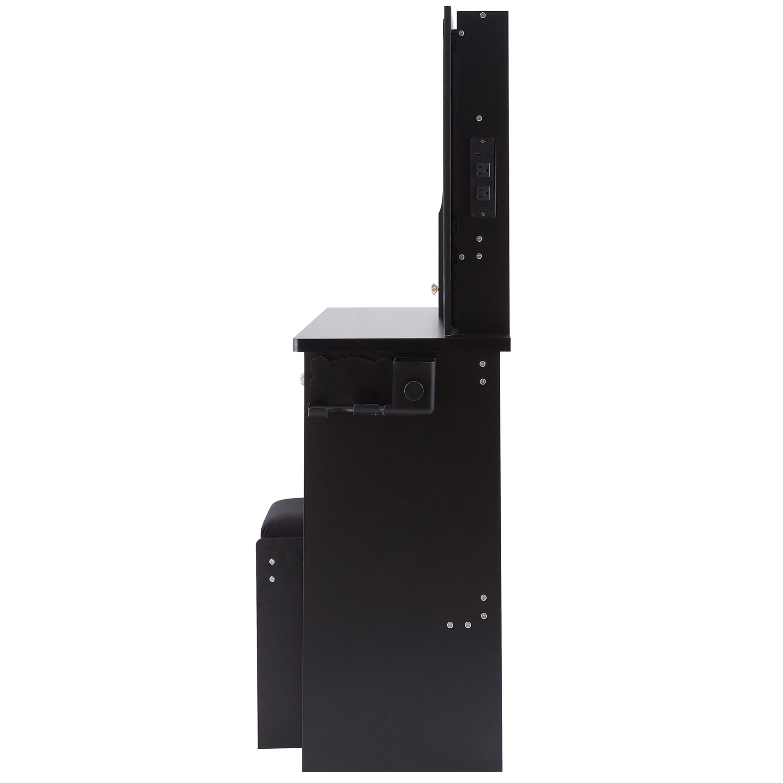 THE FURNITURE CO. Vanity Default 37 Inch Left Drawer Desktop Vanity Table Set With Stool, 2 AC and 2 USB Sockets, Touch Control LED Mirror, Hair Dryer Stand In Black