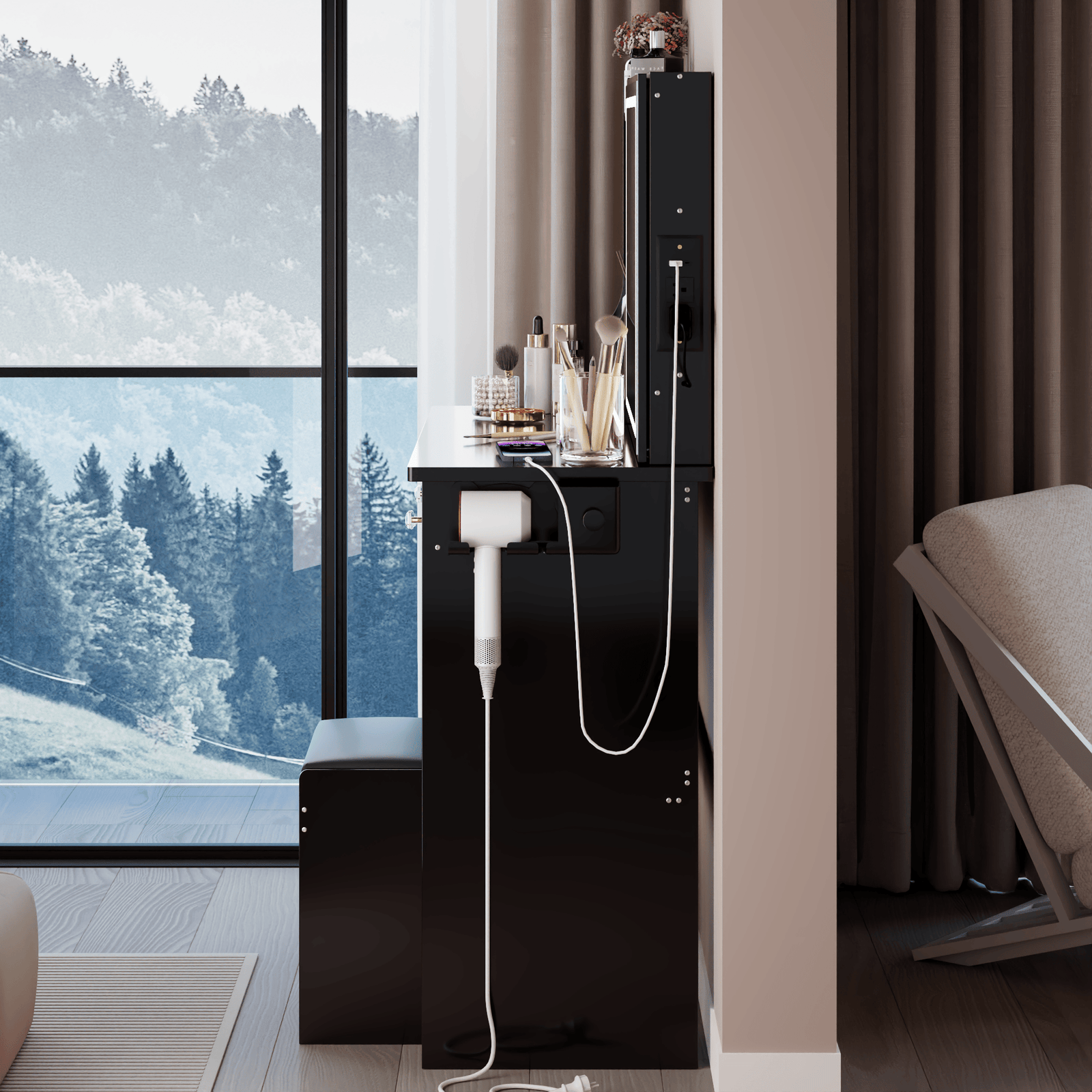 THE FURNITURE CO. Vanity Default 37 Inch Left Drawer Desktop Vanity Table Set With Stool, 2 AC and 2 USB Sockets, Touch Control LED Mirror, Hair Dryer Stand In Black