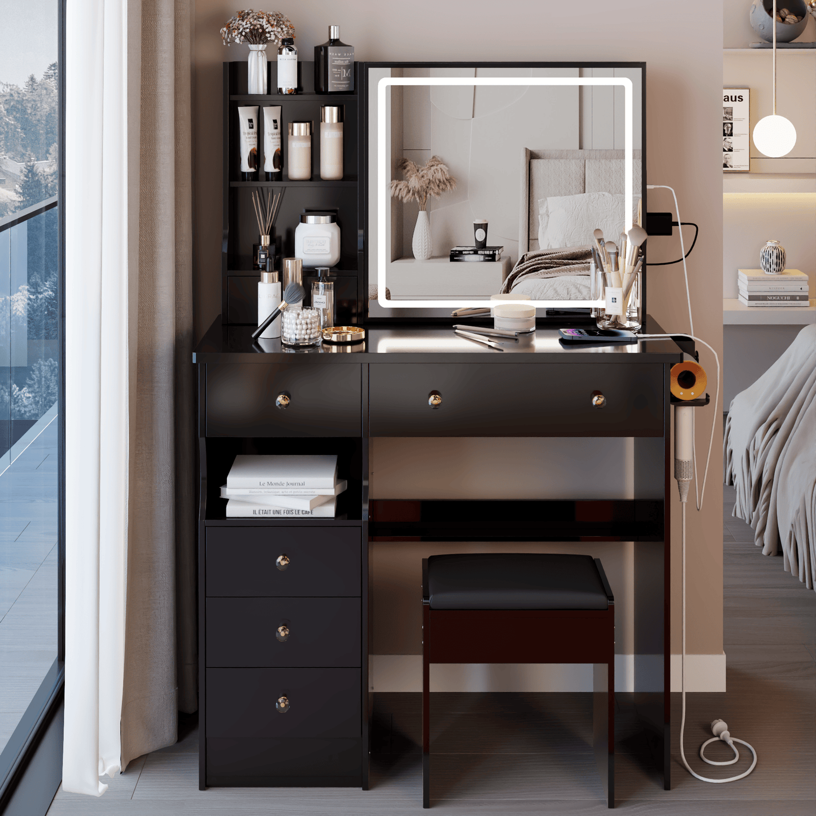 THE FURNITURE CO. Vanity Default 37 Inch Left Drawer Desktop Vanity Table Set With Stool, 2 AC and 2 USB Sockets, Touch Control LED Mirror, Hair Dryer Stand In Black