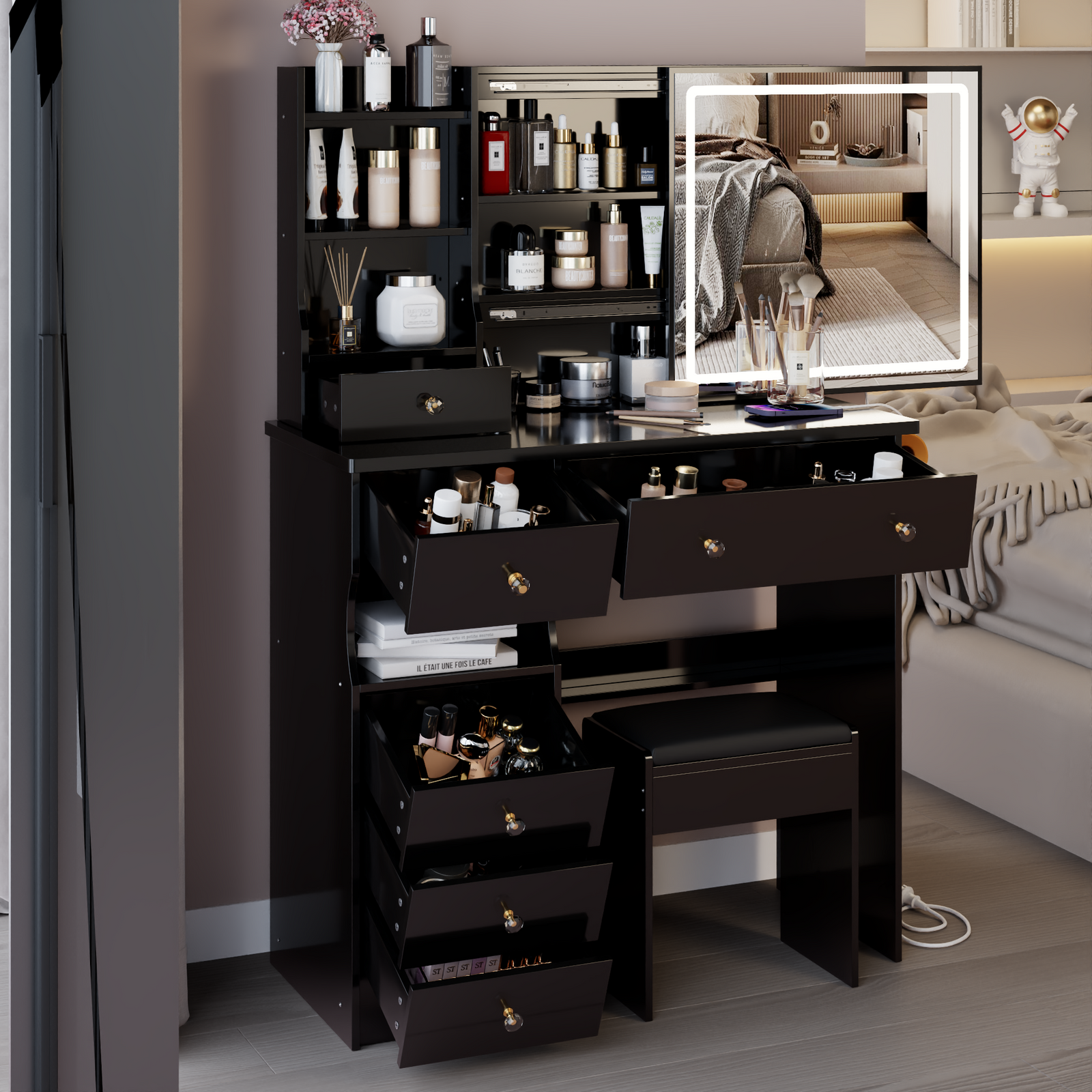 THE FURNITURE CO. Vanity Default 37 Inch Left Drawer Desktop Vanity Table Set With Stool, 2 AC and 2 USB Sockets, Touch Control LED Mirror, Hair Dryer Stand In Black