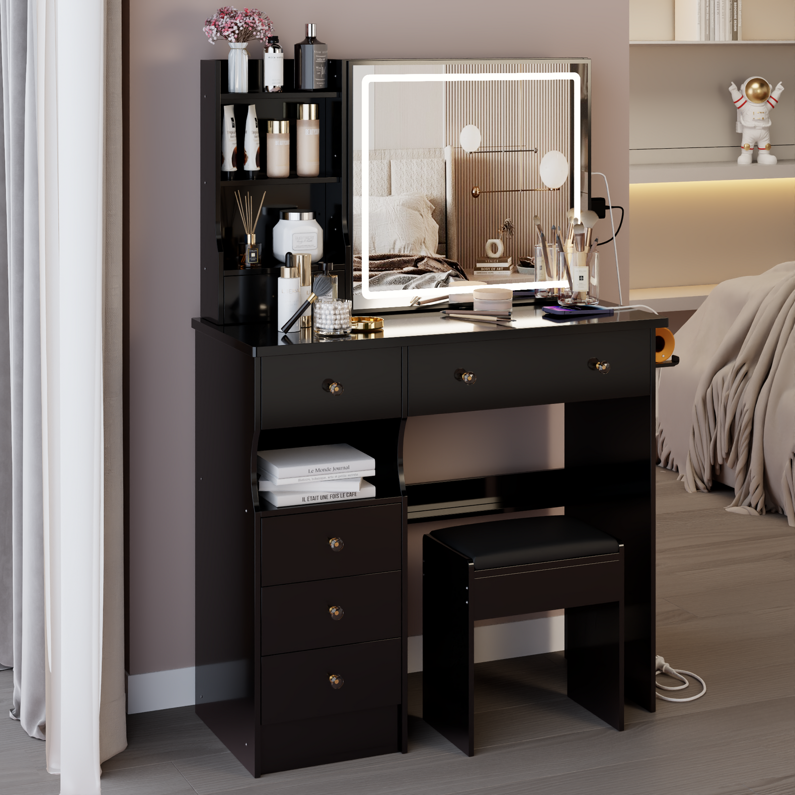 THE FURNITURE CO. Vanity Default 37 Inch Left Drawer Desktop Vanity Table Set With Stool, 2 AC and 2 USB Sockets, Touch Control LED Mirror, Hair Dryer Stand In Black