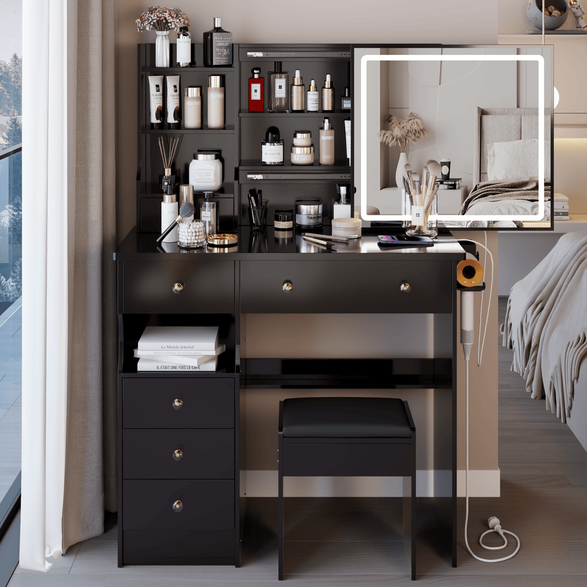 THE FURNITURE CO. Vanity Default 37 Inch Left Drawer Desktop Vanity Table Set With Stool, 2 AC and 2 USB Sockets, Touch Control LED Mirror, Hair Dryer Stand In Black