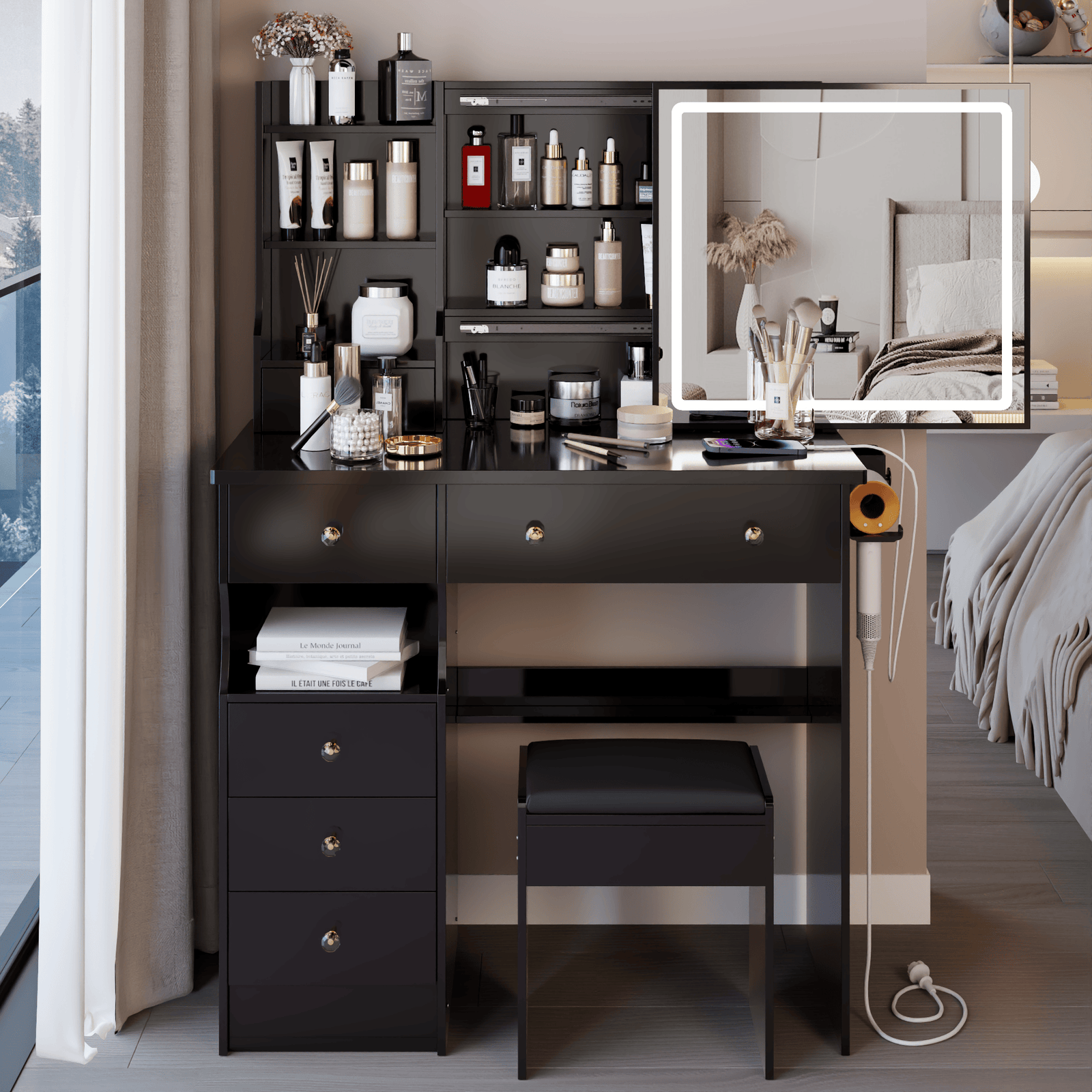 THE FURNITURE CO. Vanity Default 37 Inch Left Drawer Desktop Vanity Table Set With Stool, 2 AC and 2 USB Sockets, Touch Control LED Mirror, Hair Dryer Stand In Black