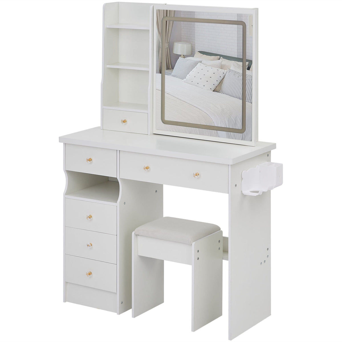 THE FURNITURE CO. Vanity Default 37 Inch Left Drawer Desktop Vanity Table With USB Ports LED Mirror Cushioned Stool Hair Dryer Stand In White