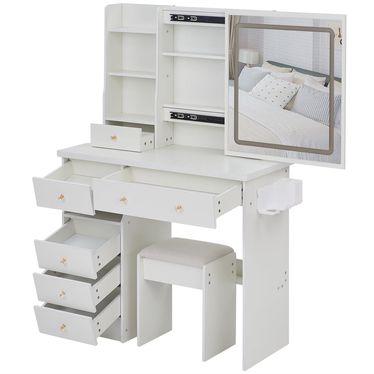 THE FURNITURE CO. Vanity Default 37 Inch Left Drawer Desktop Vanity Table With USB Ports LED Mirror Cushioned Stool Hair Dryer Stand In White