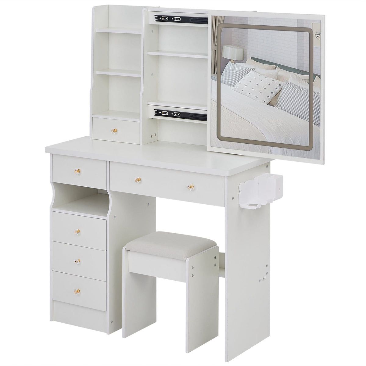 THE FURNITURE CO. Vanity Default 37 Inch Left Drawer Desktop Vanity Table With USB Ports LED Mirror Cushioned Stool Hair Dryer Stand In White