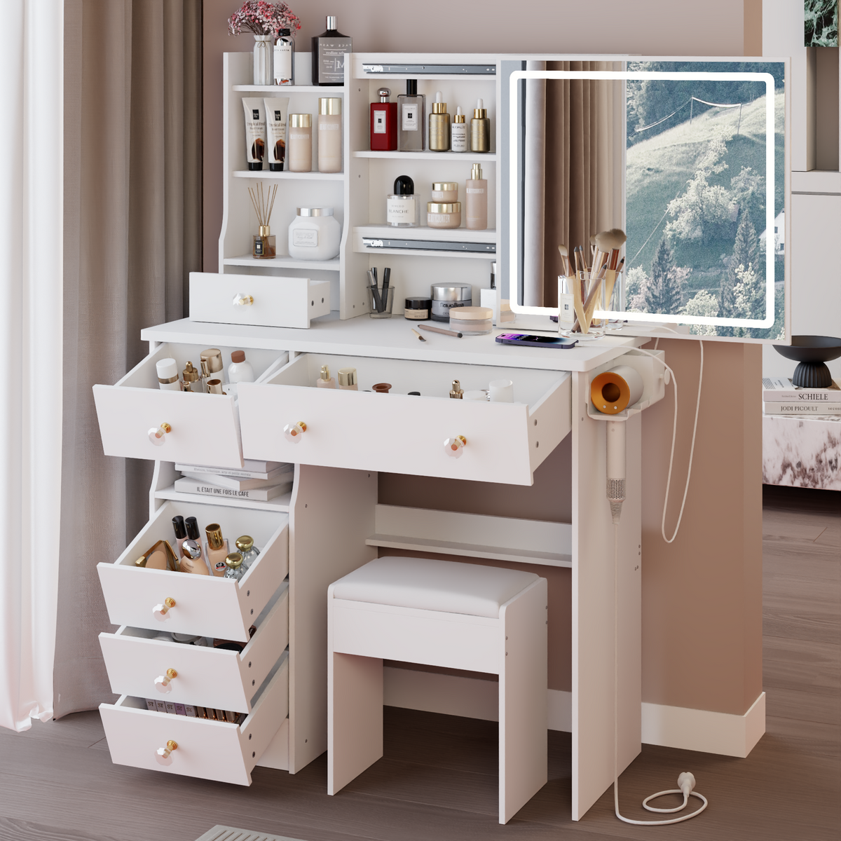 THE FURNITURE CO. Vanity Default 37 Inch Left Drawer Desktop Vanity Table With USB Ports LED Mirror Cushioned Stool Hair Dryer Stand In White