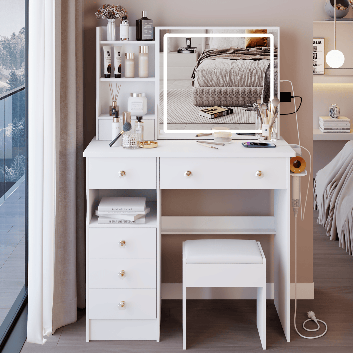 THE FURNITURE CO. Vanity Default 37 Inch Left Drawer Desktop Vanity Table With USB Ports LED Mirror Cushioned Stool Hair Dryer Stand In White