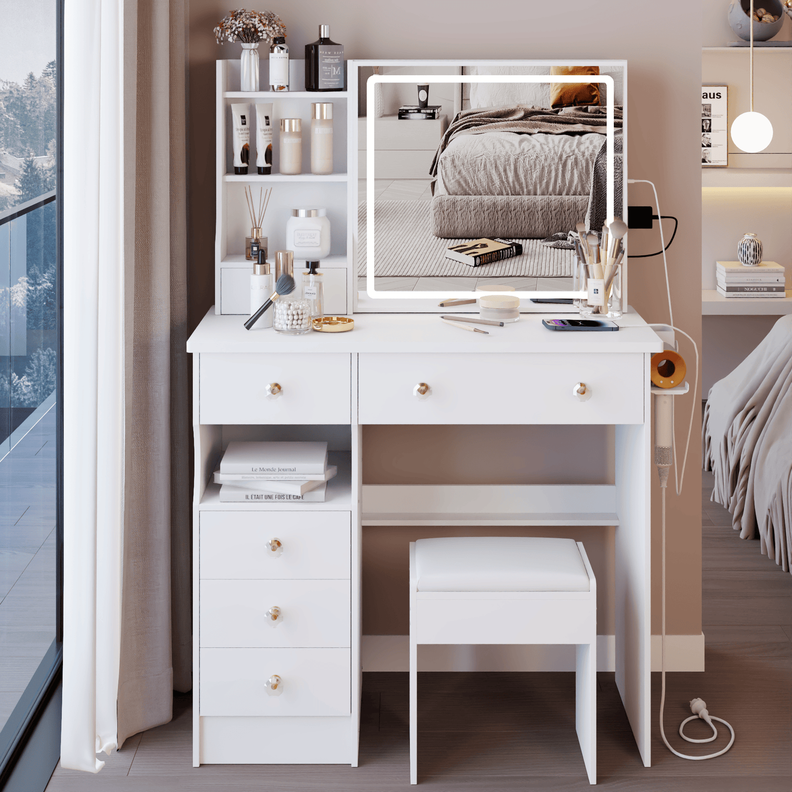 THE FURNITURE CO. Vanity Default 37 Inch Left Drawer Desktop Vanity Table With USB Ports LED Mirror Cushioned Stool Hair Dryer Stand In White