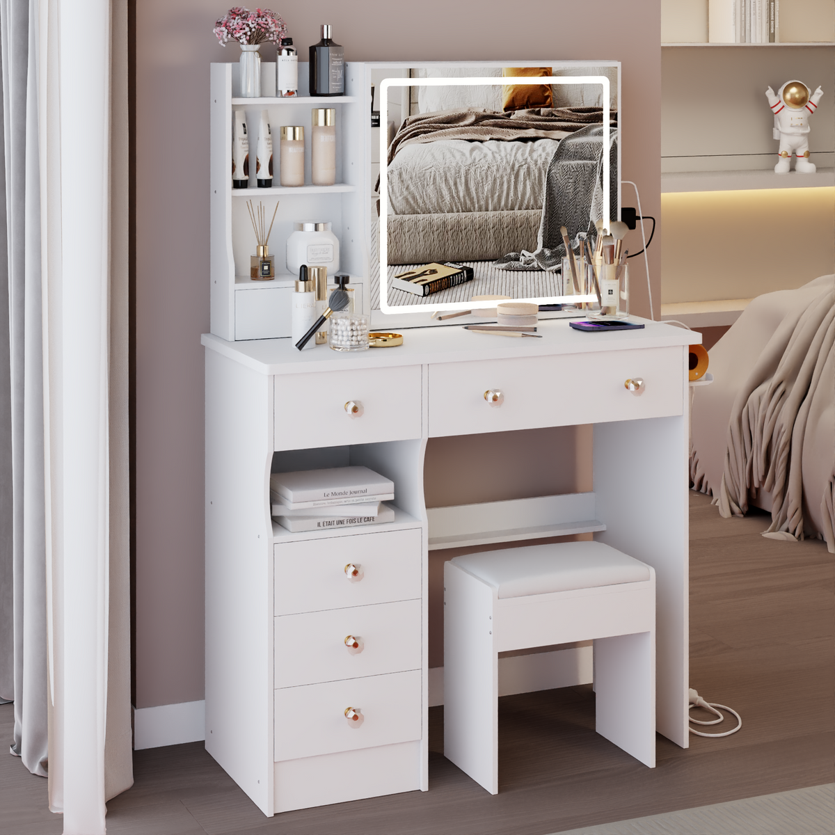 THE FURNITURE CO. Vanity Default 37 Inch Left Drawer Desktop Vanity Table With USB Ports LED Mirror Cushioned Stool Hair Dryer Stand In White