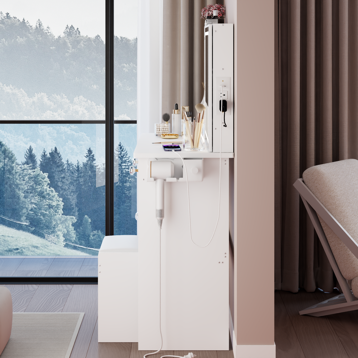 THE FURNITURE CO. Vanity Default 37 Inch Left Drawer Desktop Vanity Table With USB Ports LED Mirror Cushioned Stool Hair Dryer Stand In White