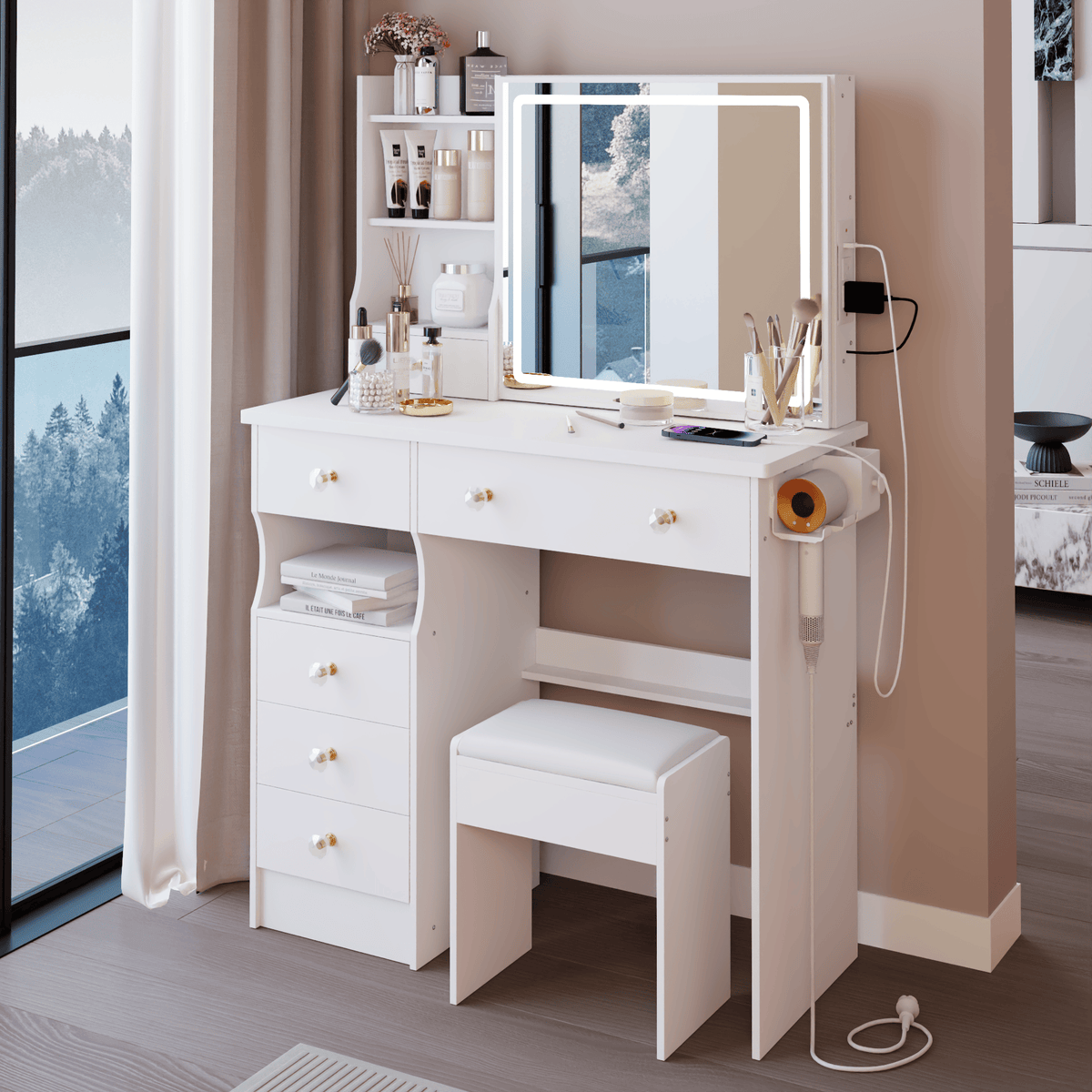 THE FURNITURE CO. Vanity Default 37 Inch Left Drawer Desktop Vanity Table With USB Ports LED Mirror Cushioned Stool Hair Dryer Stand In White