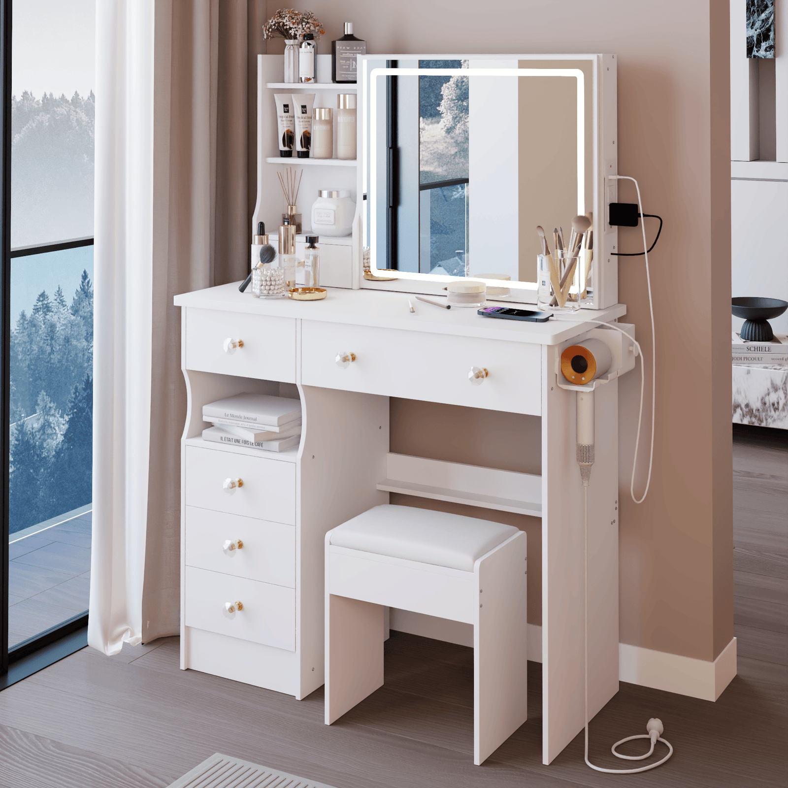 THE FURNITURE CO. Vanity Default 37 Inch Left Drawer Desktop Vanity Table With USB Ports LED Mirror Cushioned Stool Hair Dryer Stand In White