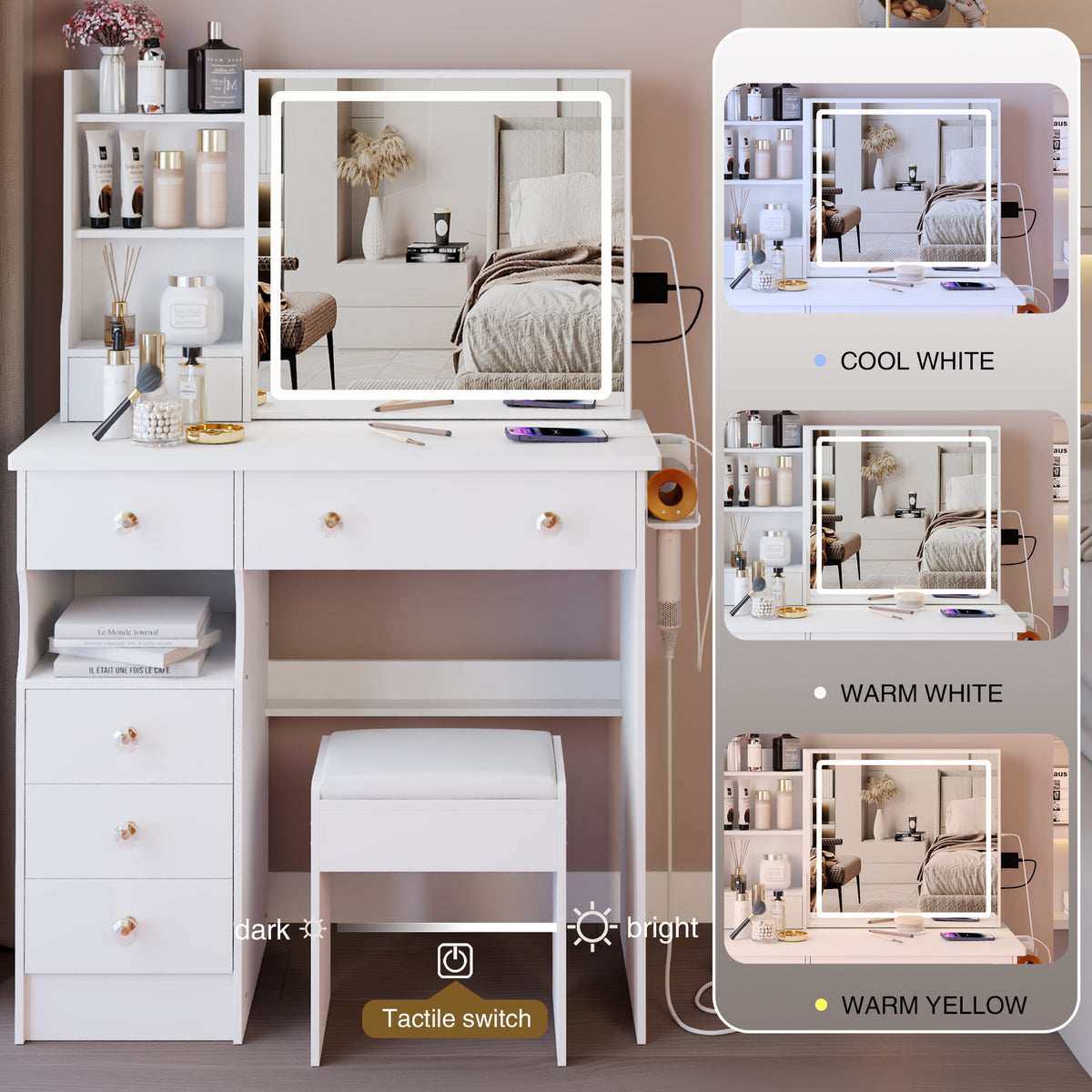 THE FURNITURE CO. Vanity Default 37 Inch Left Drawer Desktop Vanity Table With USB Ports LED Mirror Cushioned Stool Hair Dryer Stand In White