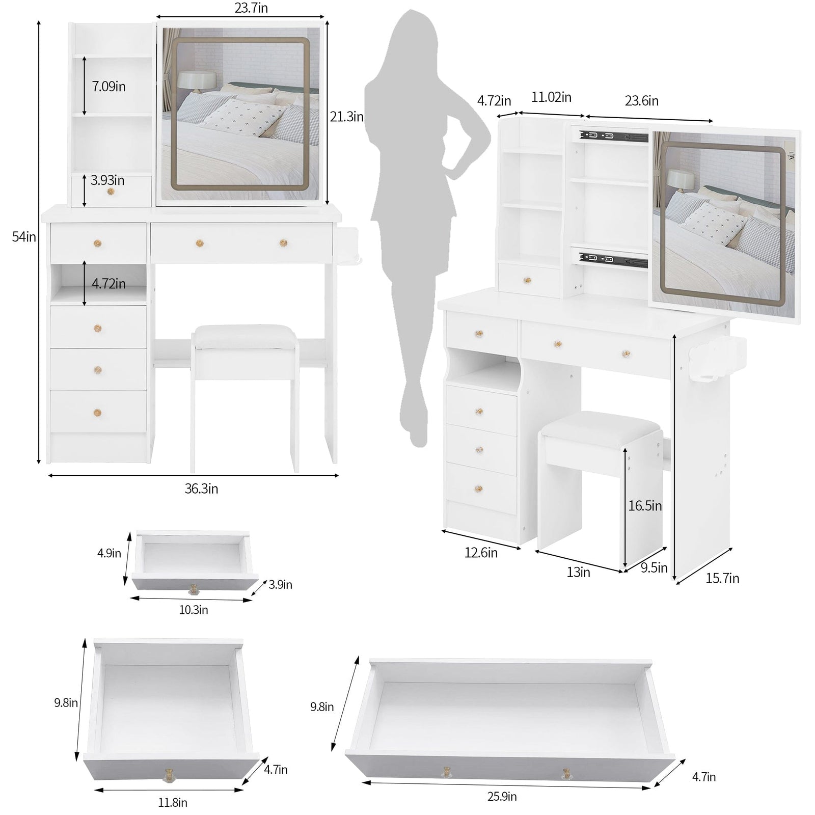 THE FURNITURE CO. Vanity Default 37 Inch Left Drawer Desktop Vanity Table With USB Ports LED Mirror Cushioned Stool Hair Dryer Stand In White