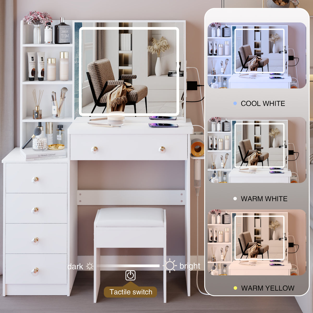 THE FURNITURE CO. Vanity Default 37 Inch Middle Size Vanity Table Set with Cushioned Stool, 2 AC and 2 USB Sockets, Touch Control LED Mirror In White