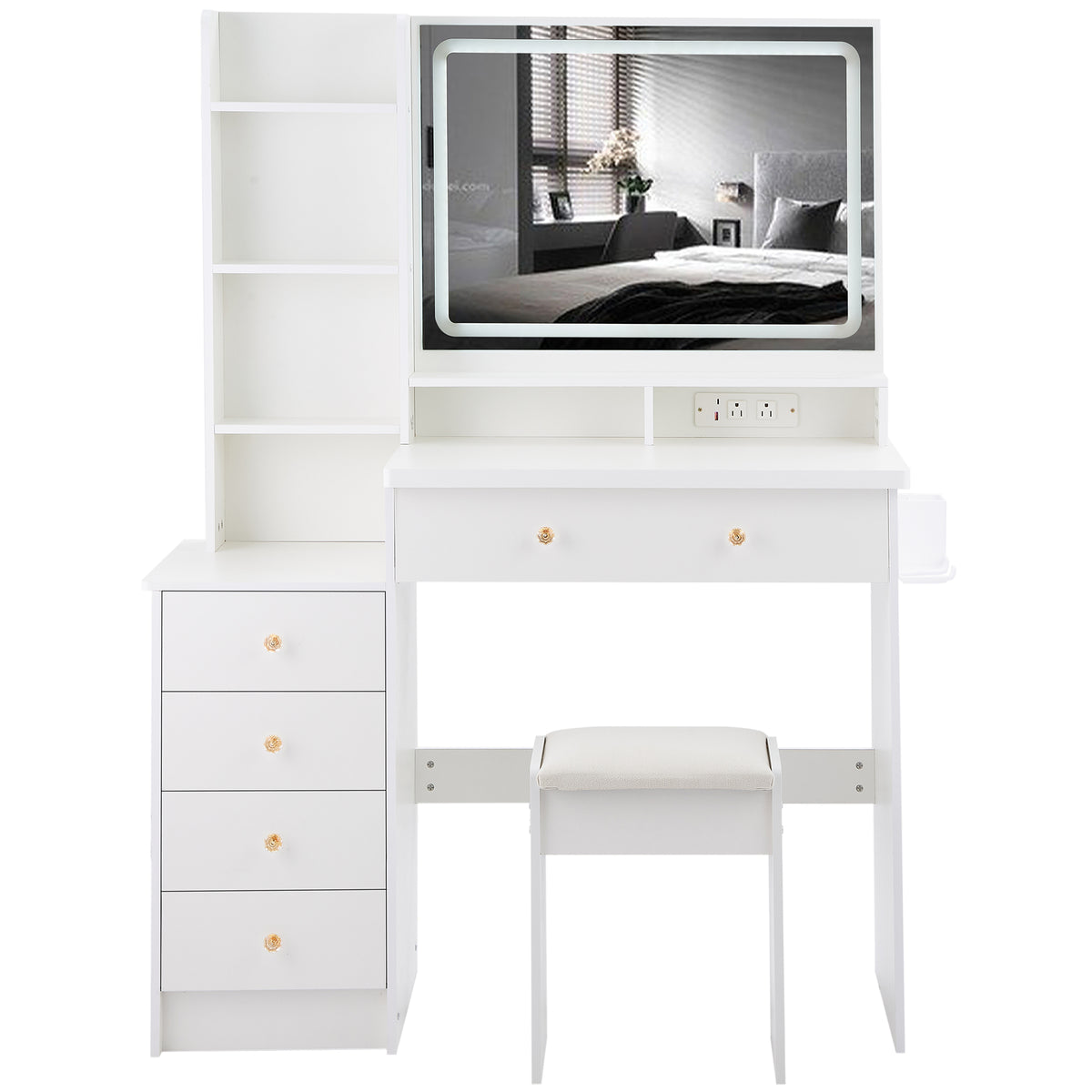 THE FURNITURE CO. Vanity Default 41 Inch Large Left Bedside Cabinet Vanity Table Set With Cushioned Stool 2 AC And 2 USB Power Station Touch Control LED Mirror In White