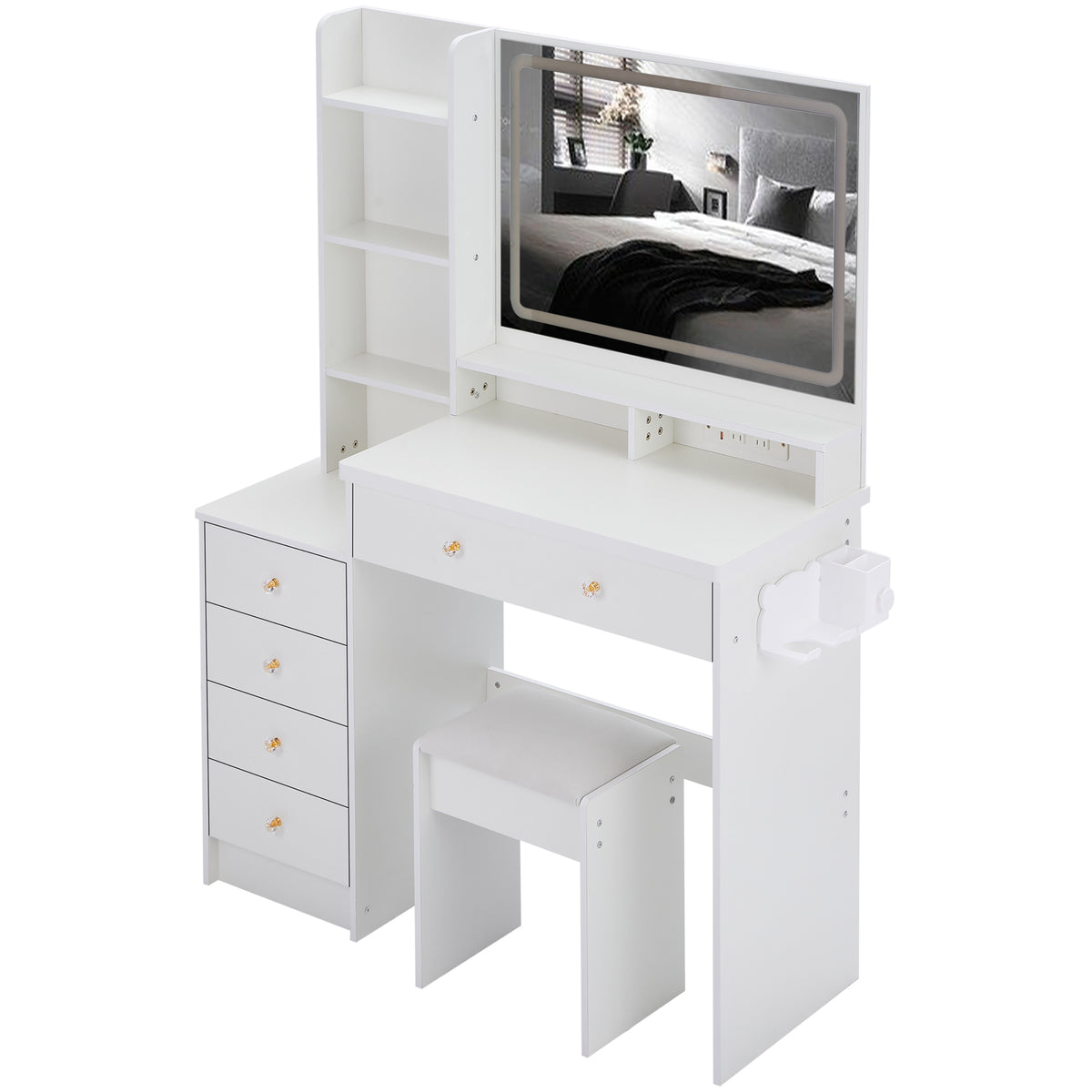 THE FURNITURE CO. Vanity Default 41 Inch Large Left Bedside Cabinet Vanity Table Set With Cushioned Stool 2 AC And 2 USB Power Station Touch Control LED Mirror In White