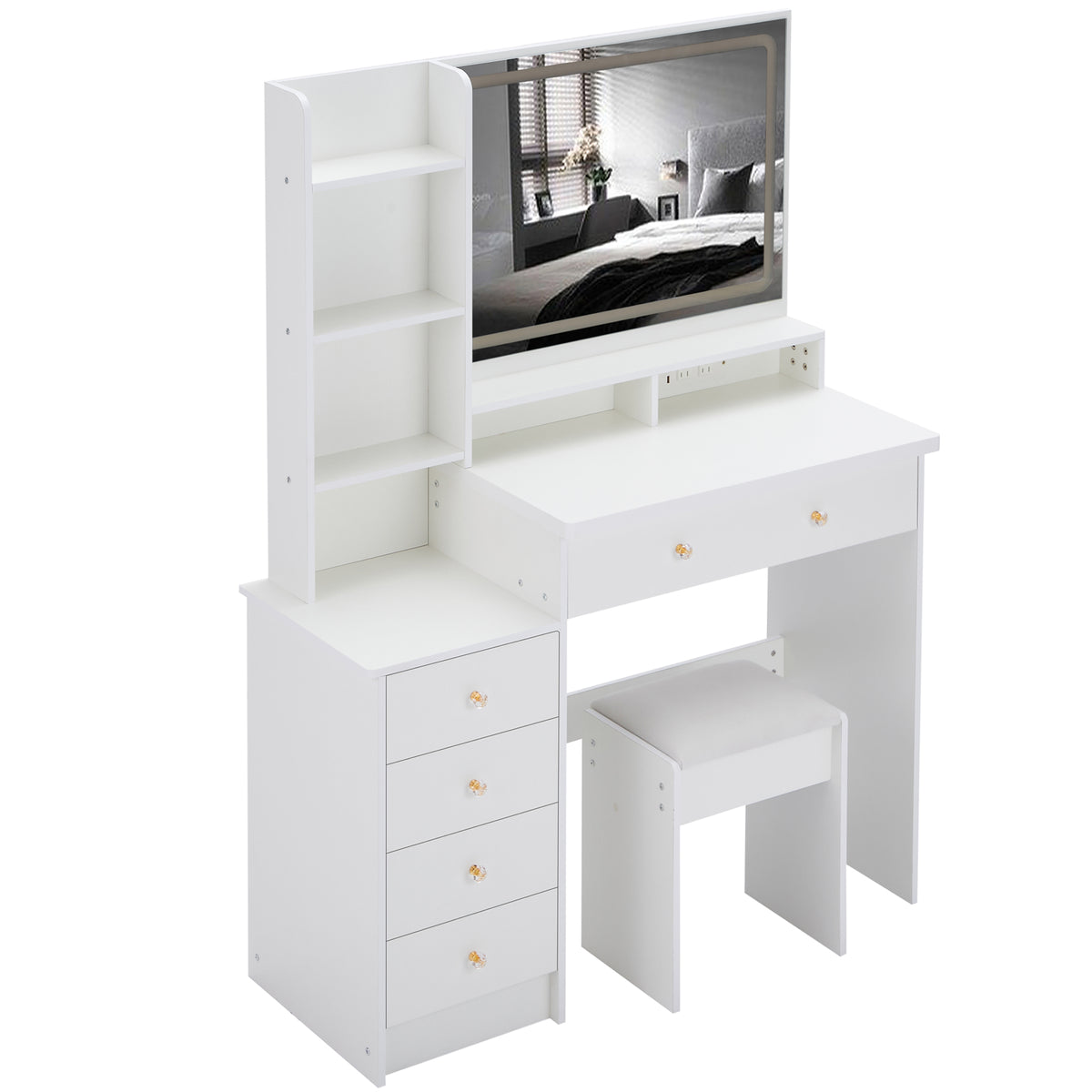 THE FURNITURE CO. Vanity Default 41 Inch Large Left Bedside Cabinet Vanity Table Set With Cushioned Stool 2 AC And 2 USB Power Station Touch Control LED Mirror In White