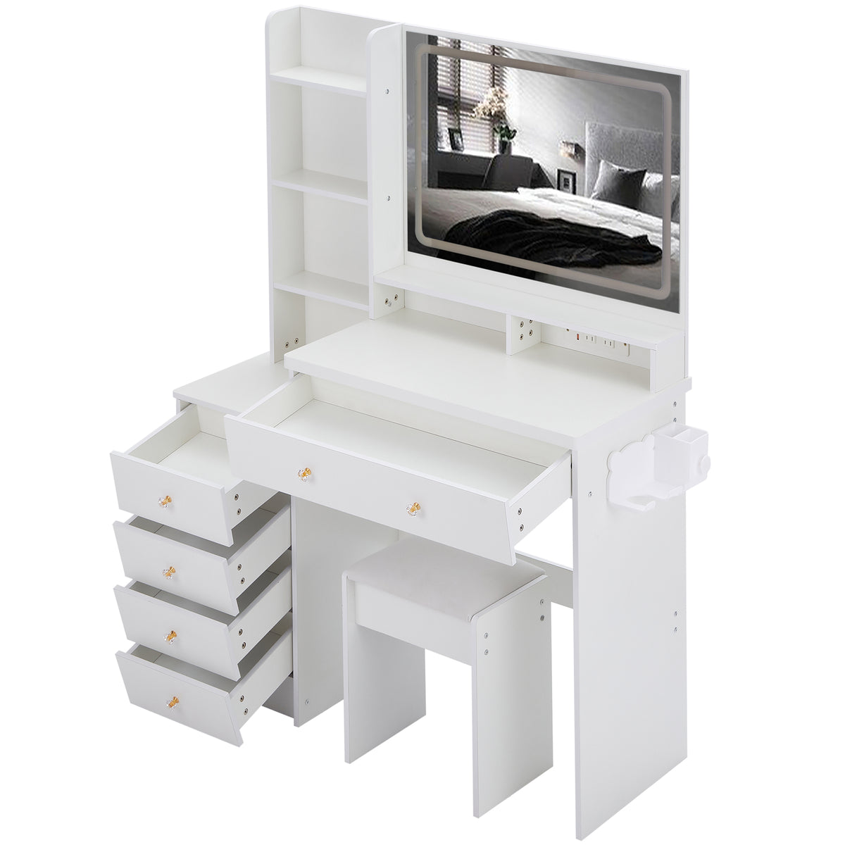 THE FURNITURE CO. Vanity Default 41 Inch Large Left Bedside Cabinet Vanity Table Set With Cushioned Stool 2 AC And 2 USB Power Station Touch Control LED Mirror In White