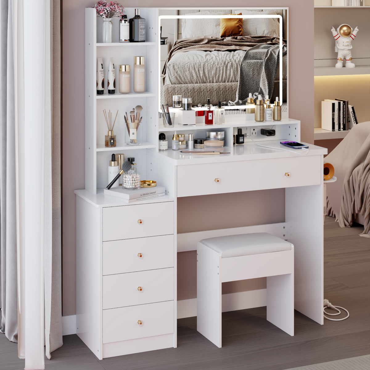 THE FURNITURE CO. Vanity Default 41 Inch Large Left Bedside Cabinet Vanity Table Set With Cushioned Stool 2 AC And 2 USB Power Station Touch Control LED Mirror In White