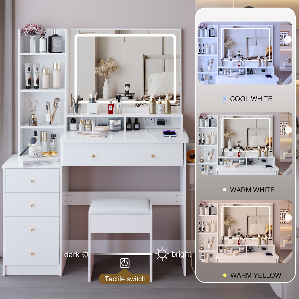 THE FURNITURE CO. Vanity Default 41 Inch Large Left Bedside Cabinet Vanity Table Set With Cushioned Stool 2 AC And 2 USB Power Station Touch Control LED Mirror In White