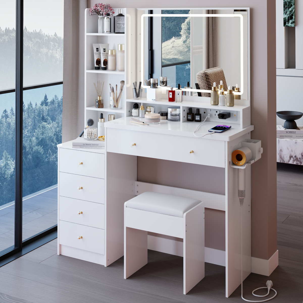 THE FURNITURE CO. Vanity Default 41 Inch Large Left Bedside Cabinet Vanity Table Set With Cushioned Stool 2 AC And 2 USB Power Station Touch Control LED Mirror In White