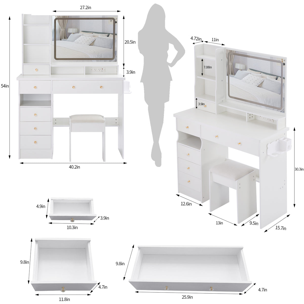 THE FURNITURE CO. Vanity Default 41 Inch Large Left Bedside Cabinet Vanity Table Set With Cushioned Stool 2 AC And 2 USB Power Station Touch Control LED Mirror In White