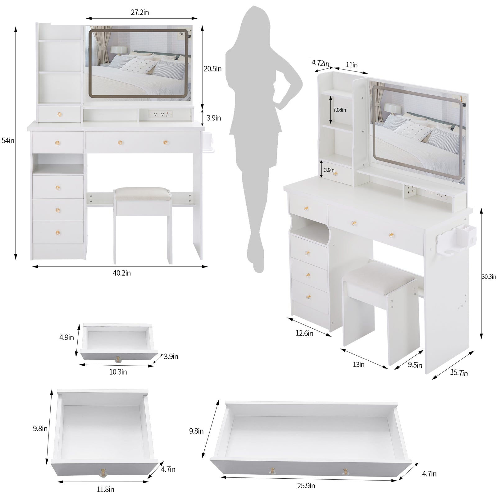 THE FURNITURE CO. Vanity Default 41 Inch Large Left Bedside Cabinet Vanity Table Set With Cushioned Stool 2 AC And 2 USB Power Station Touch Control LED Mirror In White