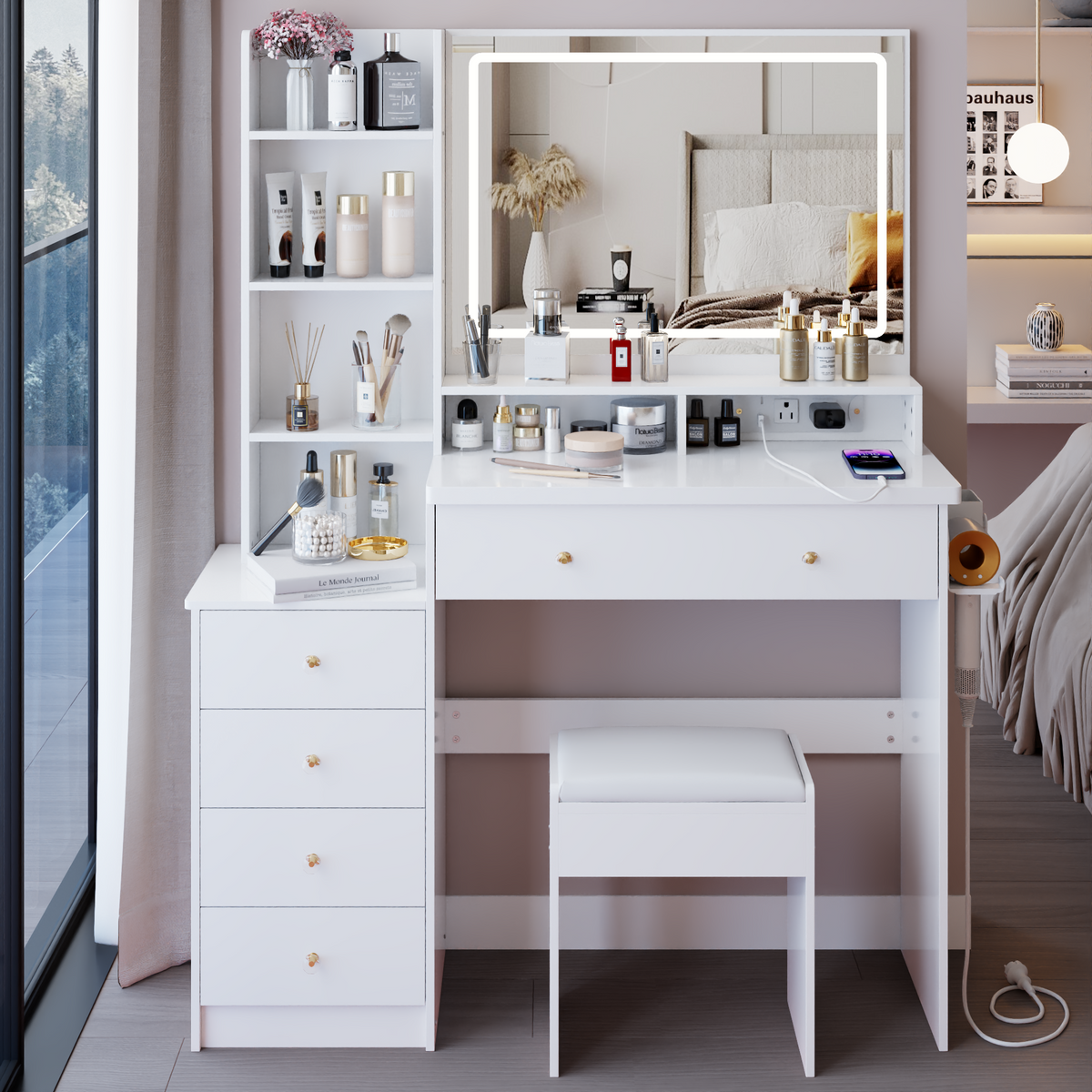 THE FURNITURE CO. Vanity Default 41 Inch Large Left Bedside Cabinet Vanity Table Set With Cushioned Stool 2 AC And 2 USB Power Station Touch Control LED Mirror In White