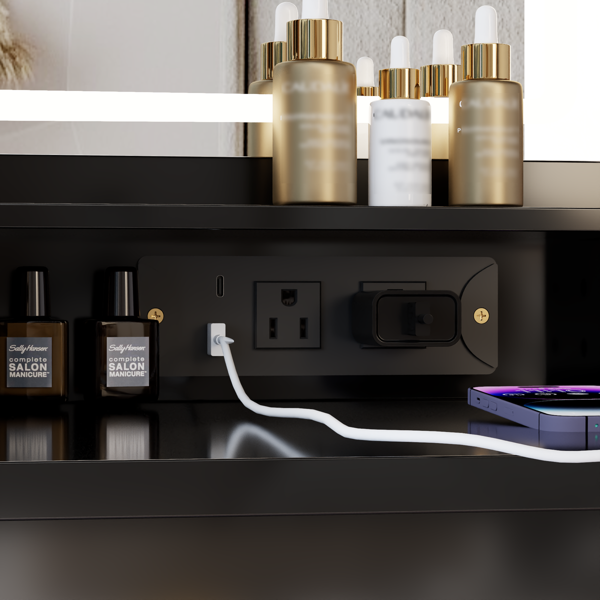 THE FURNITURE CO. Vanity Default 41 Inch Large Left Drawer Desktop Vanity Table Set with Cushioned Stool and Extra Large Touch Control LED Mirror In Black