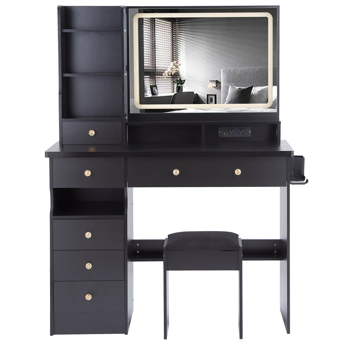THE FURNITURE CO. Vanity Default 41 Inch Large Left Drawer Desktop Vanity Table Set with Cushioned Stool and Extra Large Touch Control LED Mirror In Black