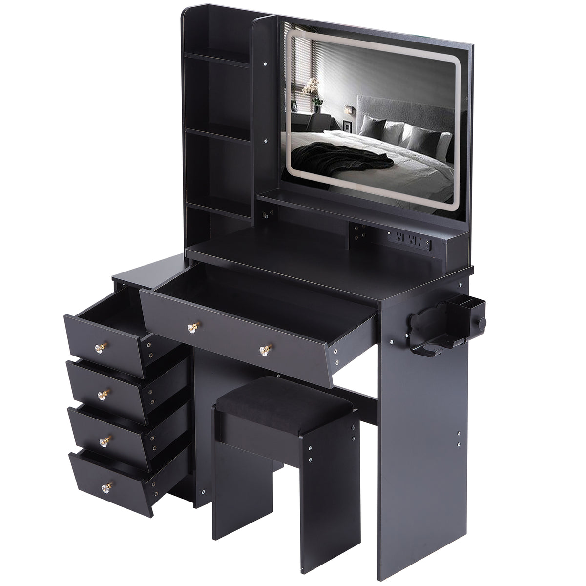 THE FURNITURE CO. Vanity Default 41 Inch Large Left Vanity Table Set With Cushioned Stool, 2 AC Outlets, 2 USB Ports, Extra Large Touch Control LED Mirror In Black